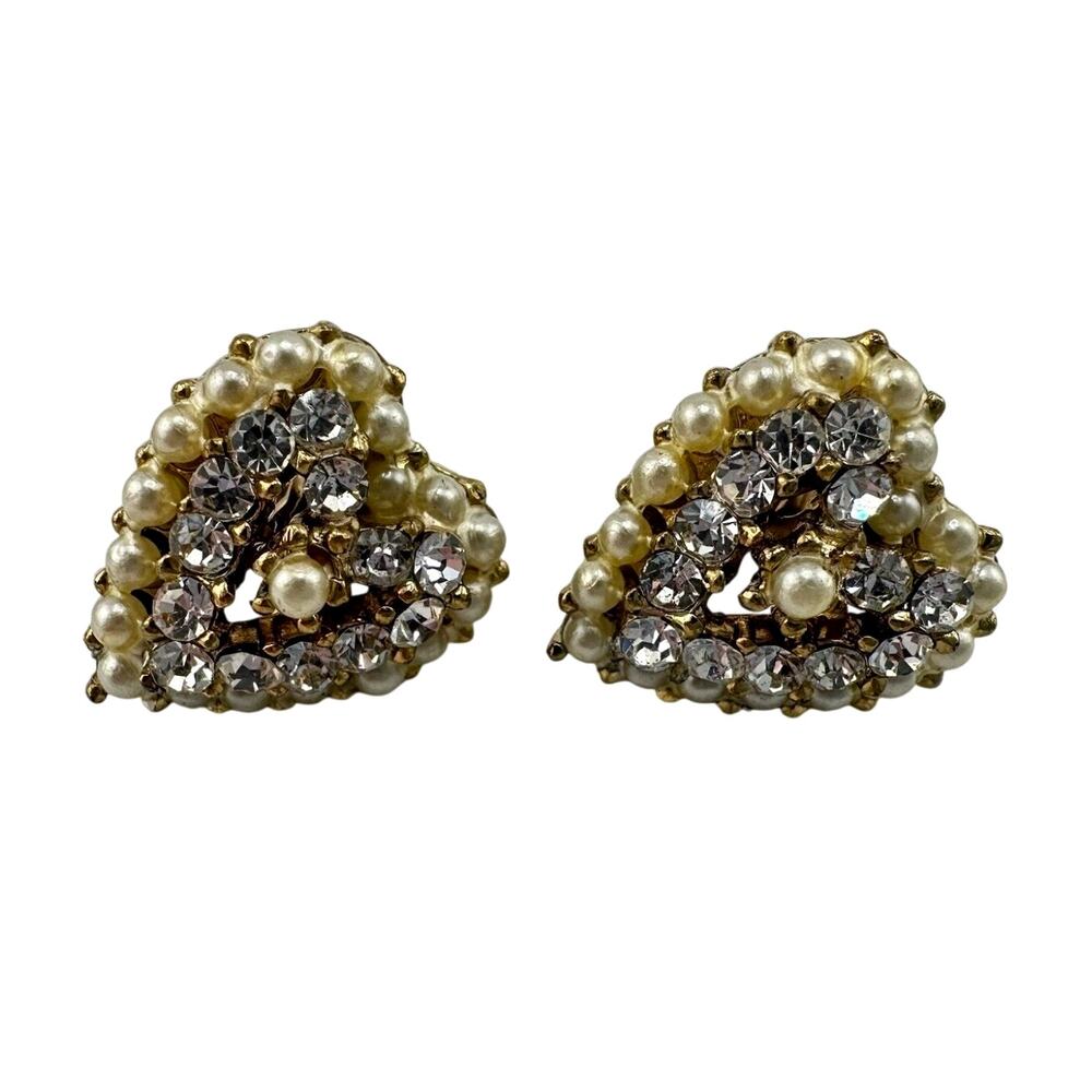 Star Vintage Heart Gold Tone Faux Pearl Rhinestone .5” Screw Back Earrings